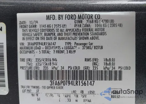 2020 Ford Fusion Se из США, поврежденный, VIN 3FA6P0T94LR156147